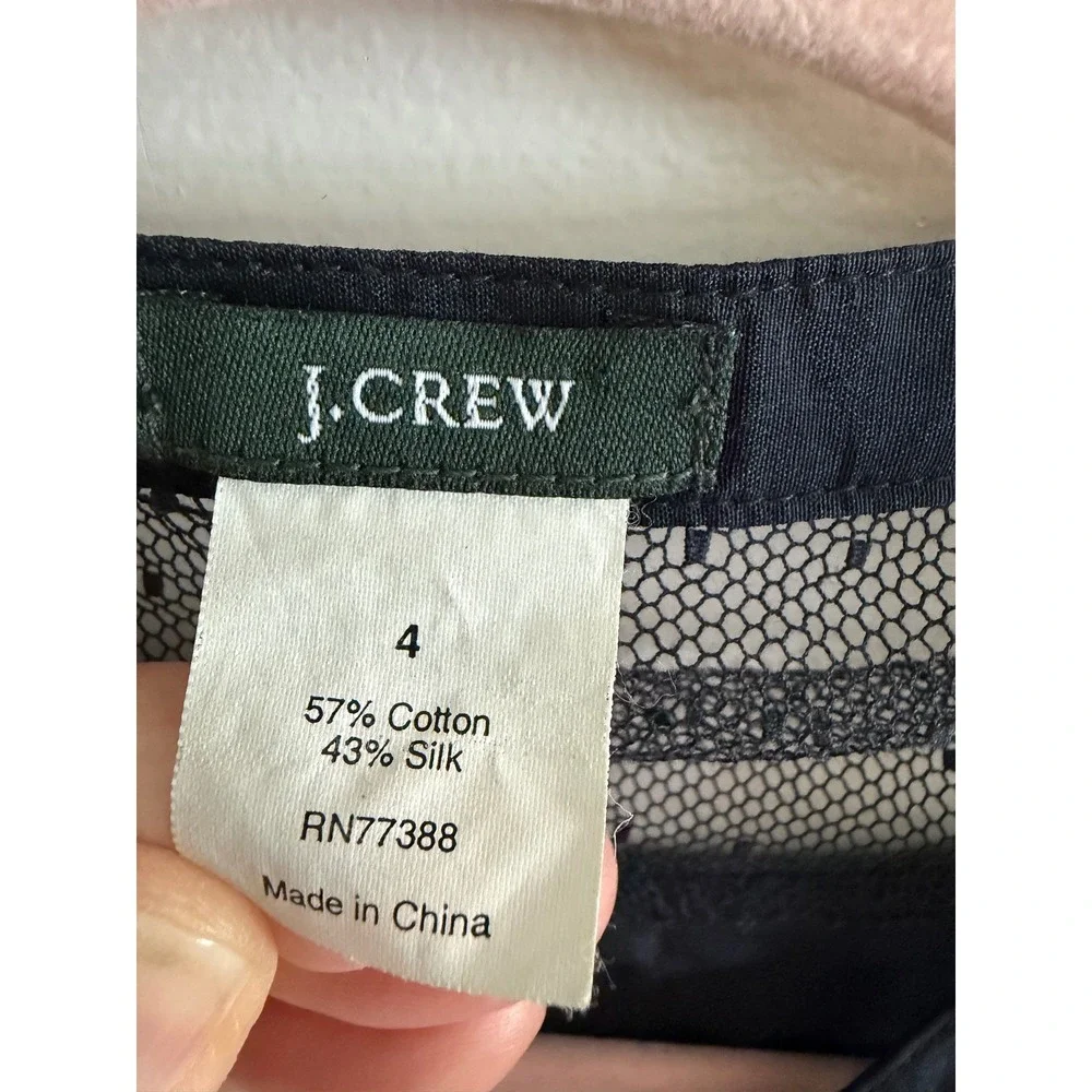 J.Crew Black Silk Cotton Blouse Size 4 Sheer Mesh Lace Detail - Picture 5 of 5